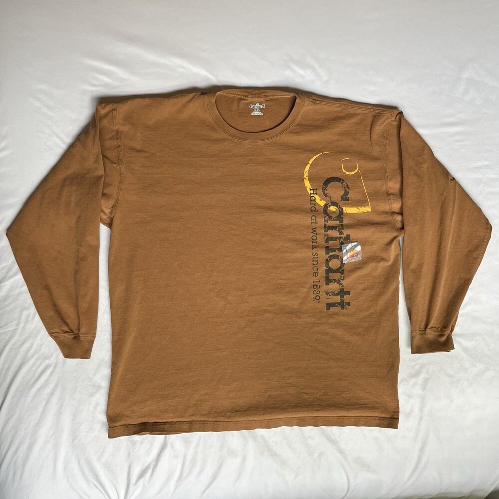 Carhartt 2XL Long Sleeve Brown T Shirt Logo Print Adult Spell Out Graphic
